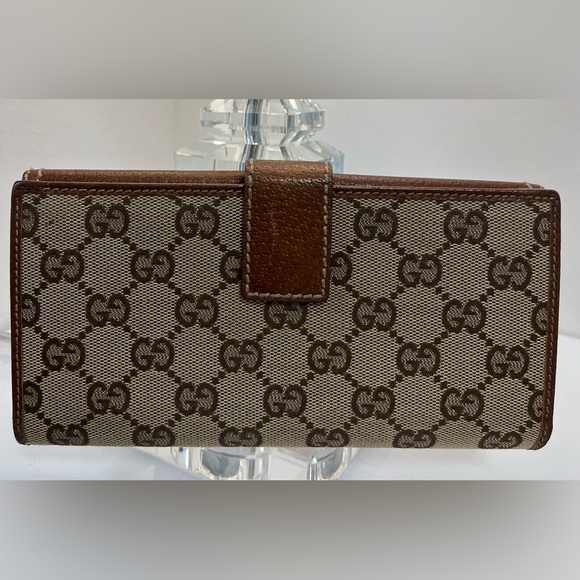 GUCCI Leather Long Continental Wallet, GG Canvas Bambo Interlocking Turnlock EUC - Picture 2 of 15